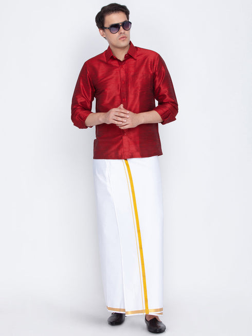 Vastramay Men's Maroon Cotton Silk Blend Shirt with Dhoti